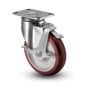 Caster; Swivel; 3" x 1-1/4"; Red Poly HiTech; Plate (2-1/2"x3-5/8": holes: 1-3/4"x2-13/16" (slot to 3-1/16"); 5/16" bolt); Stainless; Plain bore; 200#; Brake (Item #63813)