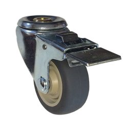 Caster; Swivel; 4" x 1-1/4"; PolyU on PolyO (Gray); Hollow Kingpin (1/2" bolt hole); Zinc; Precision Ball Brng; 300#; Dust Cover; Thread guards; Total Lock (Item #64216)