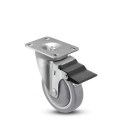 Caster; Swivel; 4" x 1-1/4"; PolyU on PolyO (Gray); Plate (2-5/8"x3-3/4"; holes: 1-3/4"x2-3/4" slotted to 3"; 5/16" bolt); Prec Ball Brng; 300#; BC; Pedal Brk (Item #67363)