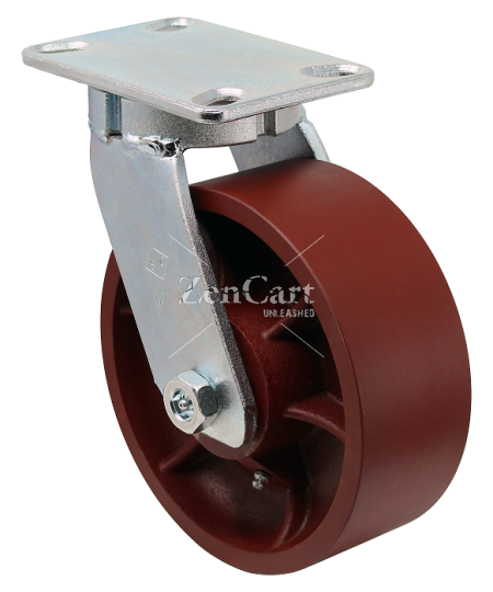 (image for) Caster; Swivel; 8" x 3"; Steel; Plate; 6-1/4" x 7-5/8"; holes: 4-1/2" x 6"; 1/2" bolt; Gold Dichromate; Prec Tapered Brng; 5000#; Kingpinless (Item #68730)