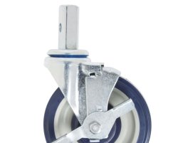 Caster; Swivel; 5" x 1-1/4"; Thermoplastized Rubber (Gray); Square Stem (7/8" x 2"; one 5/16" mounting hole at 1"); Zinc; Ball Brng; 250#; Tread brake (Item #65724)