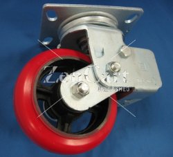(image for) Caster; Swivel; 6"x2"; PolyU on Cast Iron; Plate (4-1/2"x6-1/4"; holes: 2-7/16x4-15/16 slotted to 3-3/8x5-1/4; 3/8 bolt); Prec BB; 800#; Spring active to 800# (Item #67119)