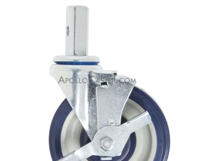 Caster; Swivel; 5\" x 1-1/4\"; Thermoplastized Rubber (Gray); Square Stem (7/8\" x 2\"; one 5/16\" mounting hole at 1\"); Zinc; Ball Brng; 250#; Tread brake (Item #65724)