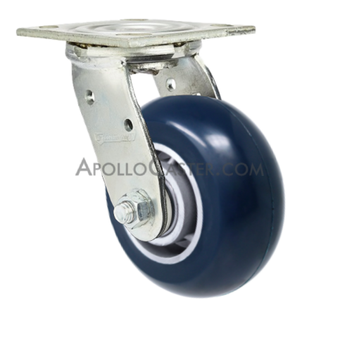 Caster; Swivel; 6\" x 2\"; Conductive ESD Polyu On Alum (Blue); Plate (4\"x4-1/2\"; holes: 2-5/8\"x3-5/8\" slots to 3\"x3\"; 3/8\" bolt); Zinc; Prec Ball Brngs; 600# (Item #62879)