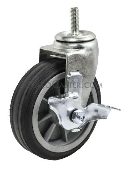 Caster; Swivel; 6\" x 2\"; Solid Rubber on Plastic Hub (Grey); Threaded Stem (1/2\"-13TPI x 1-1/2\"); Zinc; Ball Brng; 350#; Ribbed Tread; Tread brake (Item #64077)