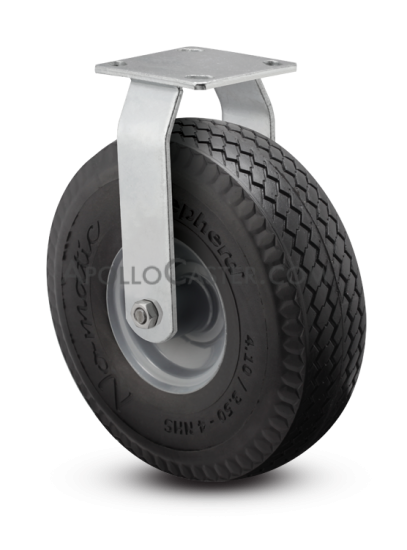 Caster; Rigid; 10\" x 4\"; Flat Free Tire (Black); Plate (4\"x4-1/2\"; holes: 2-5/8\"x3-5/8\" slots to 3\"x3\"; 3/8\" bolt); Zinc; Prec Ball Brngs; 440#; Made in USA (Item #62966)