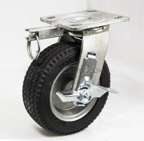 Caster; Swivel; 6\" x 2\"; Flat Free (Black); Plate (4\"x4-1/2\"); Prec BB; 150#; Sawtooth Tread; Bolted Hub; Tread Brake; Position Lock; Temp Sensitive (Item #65618)