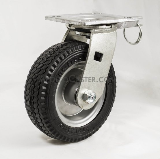 Caster; Swivel; 8\" x 2\"; Foam-Fill Flat Free (BK); Plate (4\"x4-1/2\"; holes: 2-5/8\"x3-5/8\" slots to 3\"x3\"; 3/8\" bolt); Zinc; Prec Ball Brng; 150#;Pos.Lock 4 Way (Item #63953)