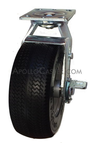 Caster; Swivel; 8\" x 3\"; Flat Free; Plate (4\"x4-1/2\"; holes: 2-5/8\"x3-5/8\" slots to 3\"x3\"; 3/8 bolt); Prec BB; 300#; Premium Steel Hub; Brake (Just two left!) (Item #64681)