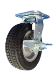 Caster; Swivel; 10" x 3"; Flat Free; Plate (4"x4-1/2"; holes: 2-5/8"x3-5/8 slotted to 3x3; 3/8 bolt); Prec BB; 280#; Brake; Sawtooth tread (Matches 66576) (Item #66574)