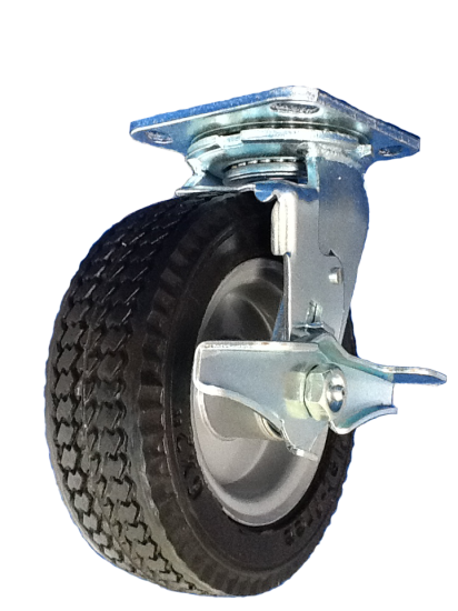 Caster; Swivel; 10\" x 3\"; Flat Free Tire (Black); Plate (4-1/2\"x6-1/4\"; holes: 2-7/16\"x4-15/16\" slotted to 3-3/8\"x5-1/4\"; 3/8\" bolt); Zinc; Prec BB; 280#; Brake (Item #62909)