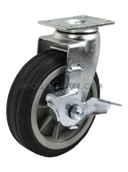 Caster; Swivel; 6\" x 2\"; Solid Rubber on Plastic Hub; Plate (4\"x4-1/2\"; holes: 2-5/8\"x3-5/8\" slots to 3\"x3\"; 3/8\" bolt); Ball Brng; 350#; Ribbed Tread; Brake (Item #64278)