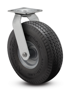 (image for) Caster; Swivel; 10" x 4"; Flat Free Tire (Black); Plate (4"x4-1/2"; holes: 2-5/8"x3-5/8" slots to 3"x3"; 3/8" bolt); Zinc; Prec Ball Brngs; 440#; Made in USA (Item #62965)