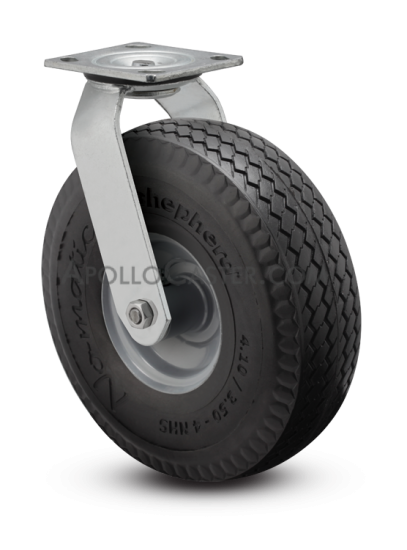 Caster; Swivel; 10\" x 4\"; Flat Free Tire (BK); Plt (4\"x4-1/2\"; holes: 2-5/8\"x3-5/8\" slots to 3\"x3\"; 3/8\" bolt); Znc; Prec Ball Brngs; 440#; USA Made; Face Brake (Item #62967)