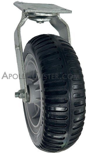 Caster; Swivel; 10\" x 3\"; Polyurethane Neverflat; Plastic Hub; Plate; 4\"x4-1/2\"; holes: 2-5/8\"x3-5/8\" (slotted to 3\"x3\"); 3/8\" bolt; Zinc; Ball Brng; 250# (Item #68794)