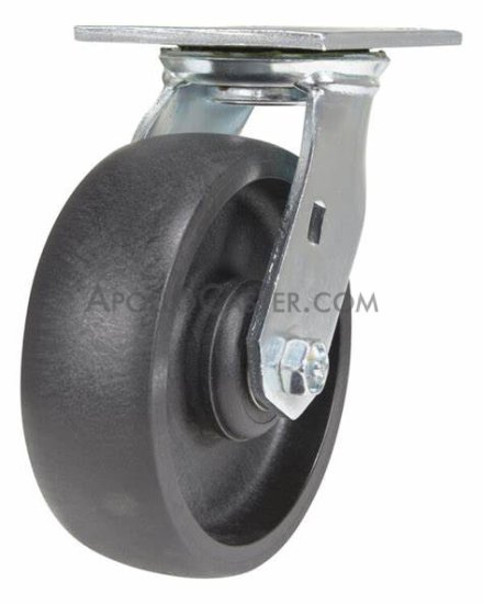 Caster; Swivel; 4\" x 1-1/4\"; Glass/ Nylon Hi-Temp (Bk); Plate (2-1/2\"x3-5/8\"; holes: 1-3/4\"x2-7/8\" slotted to 3\"; 5/16\" bolt); Zinc; Steel Spanner; 350# (Item #63420)