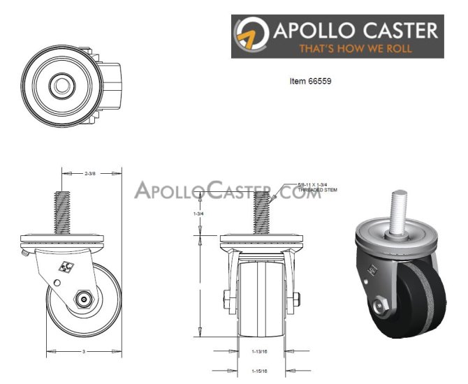 Caster; Swivel; 3\" x 1-3/4\"; Phenolic; Threaded Stem (5/8\"-11TPI x 1-3/4\"); Zinc; Roller Brng; 1000# (Item #66559)