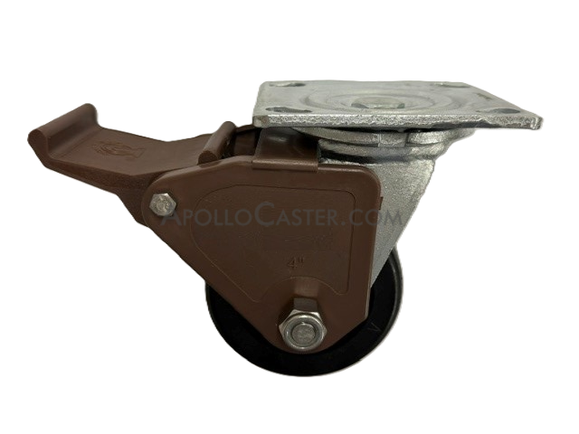 Caster; Swivel; 6\" x 2\"; Phenolic; Plate (4\"x4-1/2\"; holes: 2-5/8\"x3-5/8\" slots to 3\"x3\"; 3/8\" bolt); Stainless; Stainless Roller Brng; 1200#; Pedal Wheel Brake (Item #62641)