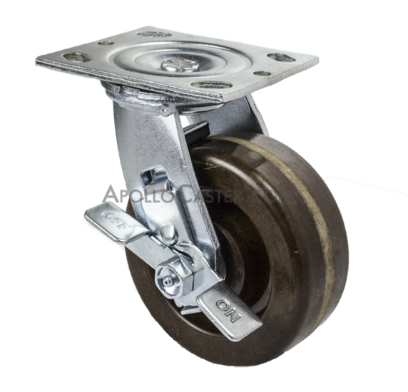 Caster; Swivel; 6\" x 2\"; Phenolic High Temp (BR); Plate (4\"x4-1/2\"; holes: 2-5/8\"x3-5/8\" slots to 3\"x3\"; 3/8\" bolt); Roller Brng; 1200#; Tread brake; Hi Temp (Item #64435)