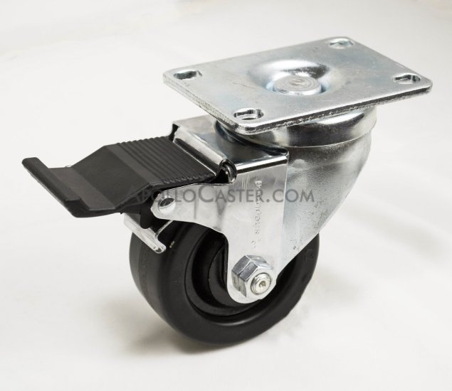 Caster; Swivel; 3\" x 1-1/4\"; Phenolic; Plate; 2-3/8\"x3-5/8\": holes: 1-3/4\"x2-7/8\" (slotted to 3\"); 3/8\" bolt; Zinc; Spanner; 300#; Dust Cover (Mtl); Pedal Brake (Item #64623)