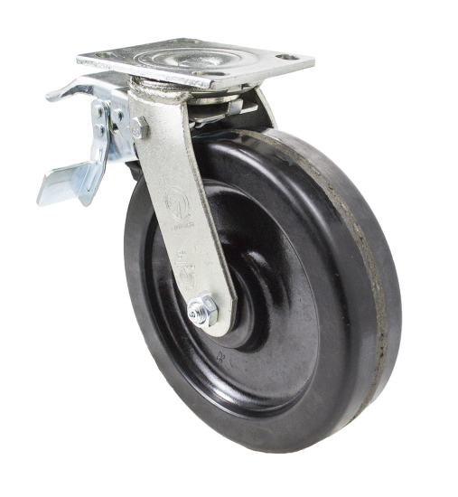 Caster; Swivel; 5\" x 2\"; Phenolic; Plate (4\"x4-1/2\"; holes: 2-5/8\"x3-5/8\" slots to 3\"x3\"; 3/8\" bolt); Zinc; Roller Brng; 1000#; Total Lock (Leading) (Item #65883)