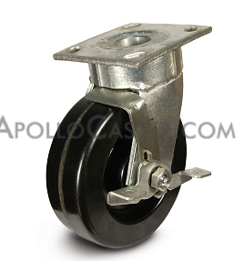 Caster; Swivel; 6\" x 2\"; Phenolic; Plate (4-1/2\"x6-1/4\"; holes: 2-7/16\"x4-15/16\" slotted to 3-3/8x5-1/4; 1/2 bolt); Zinc; Roller Brng; 1200#; Brake; Kingpinless (Item #67346)