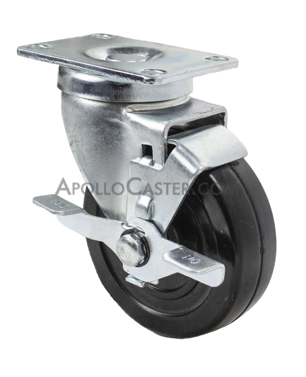 Caster; Swivel; 4\" x 1-1/4\"; Phenolic; Plate (2-1/2\"x3-5/8\"; holes: 1-3/4\"x2-7/8\" slotted to 3\"; 5/16\" bolt); Zinc; Steel Spanner; 350#; Dust Cover (Mtl); Brake (Item #63417)