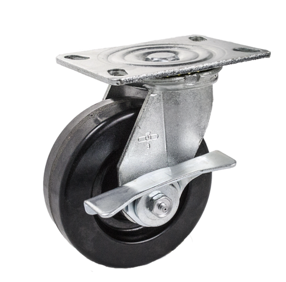 Caster; Swivel; 8 x 2; Phenolic; Plate; 4-1/2x6-1/4; hole spacing: 2-7/16x4-15/16 (slotted to 3-3/8x5-1/4); 1/2 bolt; Zinc; Roller Brng; 1400#; Cam Brake (Item #66085)