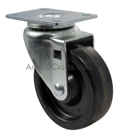 Caster; Swivel; 4\"x1-1/4\"; Phenolic; Plate (2-1/2\"x3-5/8\"; holes: 1-3/4\"x2-7/8\" slotted to 3\"; 5/16\" bolt); Zinc; Steel Spanner; 350# (Item #67193)