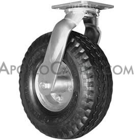 Caster; Swivel; 10\" x 4\"; Pneumatic (Black); Plate (4\"x4-1/2\"; holes: 2-5/8\"x3-5/8\" slots to 3\"x3\"; 3/8\" bolt); Zinc; Prec Ball Brng; 350#; USA Made (Item #63648)