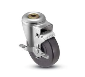 (image for) Caster; Swivel; 5" x 1-1/4"; Polyolefin; Hollow Kingpin (1/2" bolt hole); Zinc; Plain bore; 300#; Dust Cover (Mtl); Brake (Item #64757)