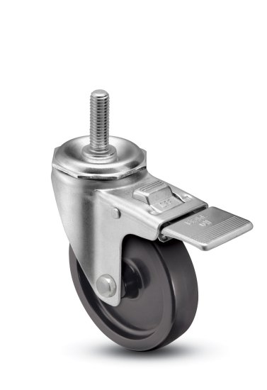 Caster; Swivel; 5\" x 1-1/4\"; Polyolefin; Threaded Stem (1/2\"-13TPI x 1\"); Plain bore; 300#; Total Lock; Dust Cover (Item #65037)