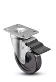 Caster; Swivel; 3x1-1/4; Polyolefin (Dark); Top Plate (2-3/8x3-5/8; holes: 1-3/4x2-7/8 slotted to 3; 5/16 bolt); Zinc; Plain bore; 300#; Pedal Brake (Item #67286)