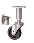 Leveling Caster; Swivel; 3"x1-1/4"; Polyolefin; Plate (3-1/2"x3-1/2": holes: 2-5/8x2-5/8; 5/16 bolt); 300# Load height: 7.7" - 9.3"; Pedal Brake (Item #66970)