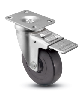 (image for) Caster; Swivel; 3" x 1-1/4"; Polyolefin; Plate (2-5/8"x3-3/4"; holes: 1-3/4"x2-3/4" slotted to 3"; 5/16 bolt); Zinc; Plain bore; 275#; Total Lock (Item #65981)