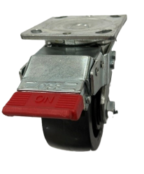 Caster; Swivel; 4" x 2"; Polyolefin; Plate; 4"x4-1/2"; holes: 2-5/8"x3-5/8" (slotted to 3"x3"); 3/8" bolt; Zinc; Roller Brng; Wgt Cap: 600#; Total Lock (Item #62667)