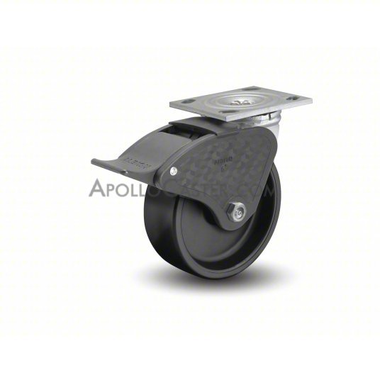 (image for) Caster; Swivel; 4\" x 2\"; Polyolefin; Plate (4\"x4-1/2\"; holes: 2-5/8\"x3-5/8\" slots to 3\"x3\"; 3/8\" bolt); Zinc; Roller Brng; 450#; Total Lock; Made in USA (Item #62668)