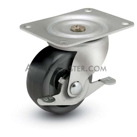 Caster; Swivel; 2\" x 13/16\"; Polyolefin; Plate (1-1/2\" x 2-5/8\"; holes: 15/16\" x 2-1/8\"; 1/4\" bolt); Zinc; Plain bore; 90#; Side friction brake (Item #63802)