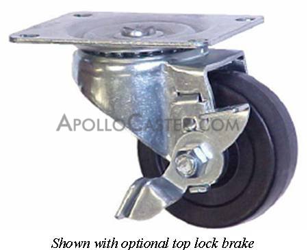 Caster; Swivel; 2-1/2x1-13/16; Polyolefin; Top Plate (2-3/4x3-3/4; holes: 1-3/4x2-7/8 slotted to 3; 5/16 bolt); Zinc; Plain bore; 400#; Tread brake (Item #67116)