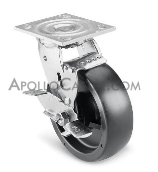 Caster; Swivel; 6\" x 2\"; Polyolefin; Plate; 4-1/2\"x6-1/4\"; holes: 2-7/16\"x4-15/16\" (slots to 3-3/8\"x5-1/4\"); 1/2\" bolt; Roller Brng; 1000#; Tread Brake (Item #68839)