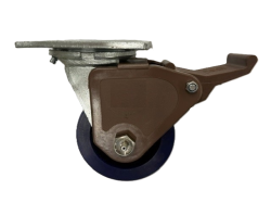 Caster; Swivel; 4" x 2"; Polyurethane; Plate (4"x4-1/2"; holes: 2-5/8"x3-5/8" slotted to 3"x3"; 3/8" bolt); Stainless; Stainless Roller Brng; 1000#; Pedal Brake (Item #62632)