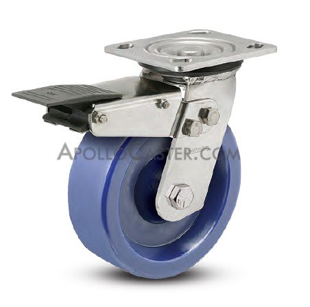 Caster; Swivel; 6\" x 2\"; 55D Solid Polyurethane; Plate (4\"x4-1/2\"; holes: 2-5/8\"x3-5/8\" slots to 3\"x3\"; 3/8\" bolt); Stainless; Roller Brng; 900#; Total Lock (Item #63607)
