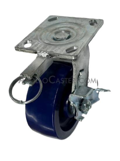 Caster; Swivel; 5\" x 2\"; Polyurethane (One piece); Plate (4\"x4-1/2\"; holes: 2-5/8\"x3-5/8\" slotted to 3\"x3\"; 3/8\" bolt); Roller Brng; 900#; Position Lock; Brake (Item #68861)