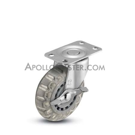 Caster; Swivel; 3\" x 13/16\"; Polyurethane (Clear); Plate (1-3/16\" x 2\"; holes: 13/16\" x 1-9/16\"; 3/16\" bolt); Zinc; Plain bore; #; Side friction brake (Item #64094)