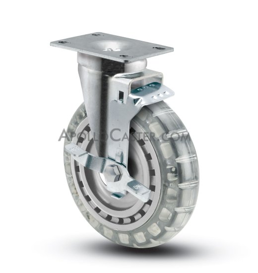 Caster; Swivel; 6\"x1-1/4\"; Polyurethane (Clear); Plate (2-5/8\"x3-3/4\"; holes: 1-3/4\"x2-3/4\" slotted to 3\"; 5/16\" bolt); Zinc; Ball Brng; 300#; Dustcap; Brake (Item #64752)