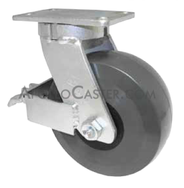 Caster; Swivel; 8\" x 3\"; Polyurethane; Plate (5-1/4\"x7-1/4\"; holes: 3-3/8\"x5-1/4\" slotted to 4-1/8\"x6-1/8\"; 1/2\" bolt); Zinc; Sealed Prec BB; 3000#; Face Brake (Item #66211)