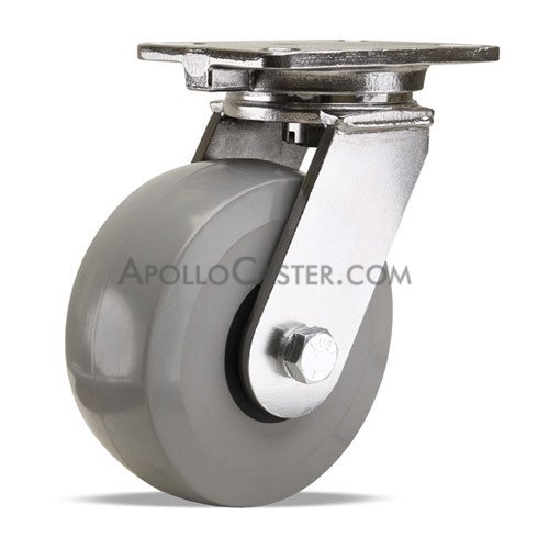 Caster; Swivel; 8\" x 3\"; Polyurethane (Gray); Plate (5-1/4\"x7-1/4\"; holes: 3-3/8\"x5-1/4\" slotted to 4-1/8\"x6-1/8\"; 1/2\" bolt); Zinc; Sealed Prec BB; 3000# (Item #66212)