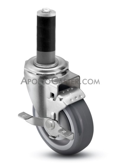 Caster; Swivel; 4\" x 1-1/4\"; Gray PolyU on PolyO; Expandable Adapter (.852\" - .927\" ID tubing); Zinc; Prec Ball Brng; 230#; Tread brake; Thread guards (Item #66726)