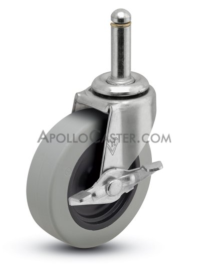 Caster; Swivel; 5\" x 1-1/4\"; Thermoplastized Rubber (Gray); Grip Ring (7/16\"x1-3/8\"); Zinc; Plain bore; 300#; Side friction brake (Item #66529)