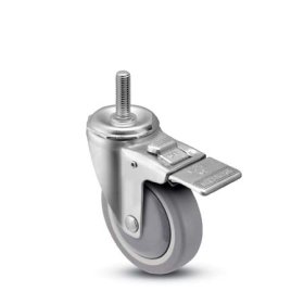 (image for) Caster; Swivel; 4" x 1-1/4"; PolyU on PolyO (Gray); Stem (1/2"-13TPI x 1-1/2"); Prec Ball Bearing; 300#; Dust Cover (Mtl); Thread guards; Total Lock Brake (Item #65008)
